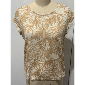 Women's Nicole Miller Beige brown Leaf Print Linen Short Sleeve Tee S